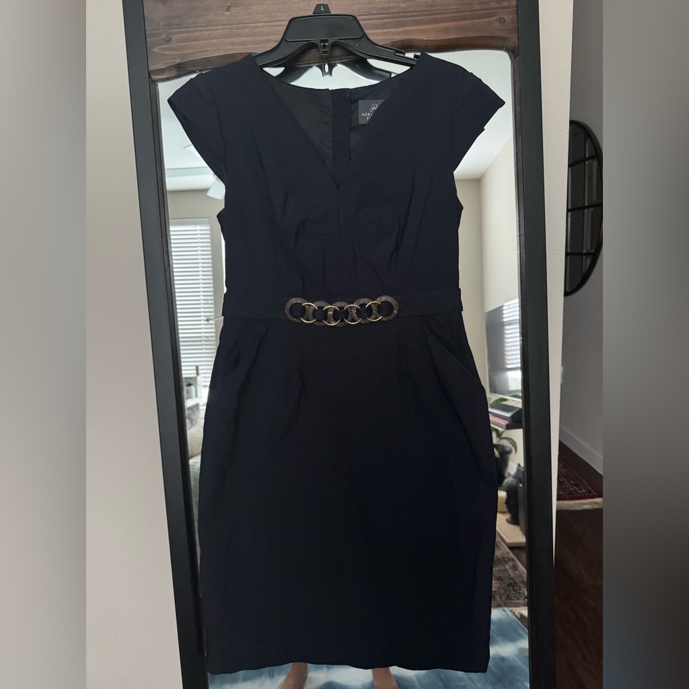 Adrianna Papell Blue Dress V Neck Gold Wood Belt, Size 8 Petite